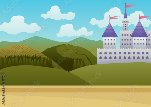 Medieval castle on a blue sky background. Cartoon middle ages historic period. Medieval architecture of stone castle