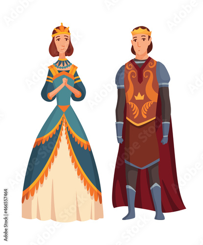Medieval king and queen on white background. Cartoon middle ages historic period. Medieval kingdom characters standing in costumes