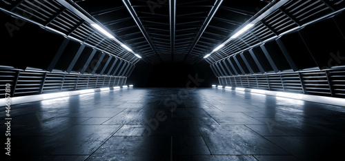 Fototapeta Naklejka Na Ścianę i Meble -  Futuristic Hangar Warehouse Huge Spaceship Tunnel Corridor Cement Rough Asphalt Metal Structures White Glow Led Lights Realistic Dark Cyber Showroom 3D Rendering