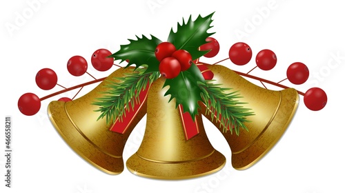 Three golden Christmas bells with holly berries on a white background. Happy New Year decoration. Vector