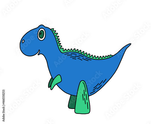Vector isolated illustration with blue cartoon dinosaur. Cute children’s character. Nice illustration for print, card, sticker.
