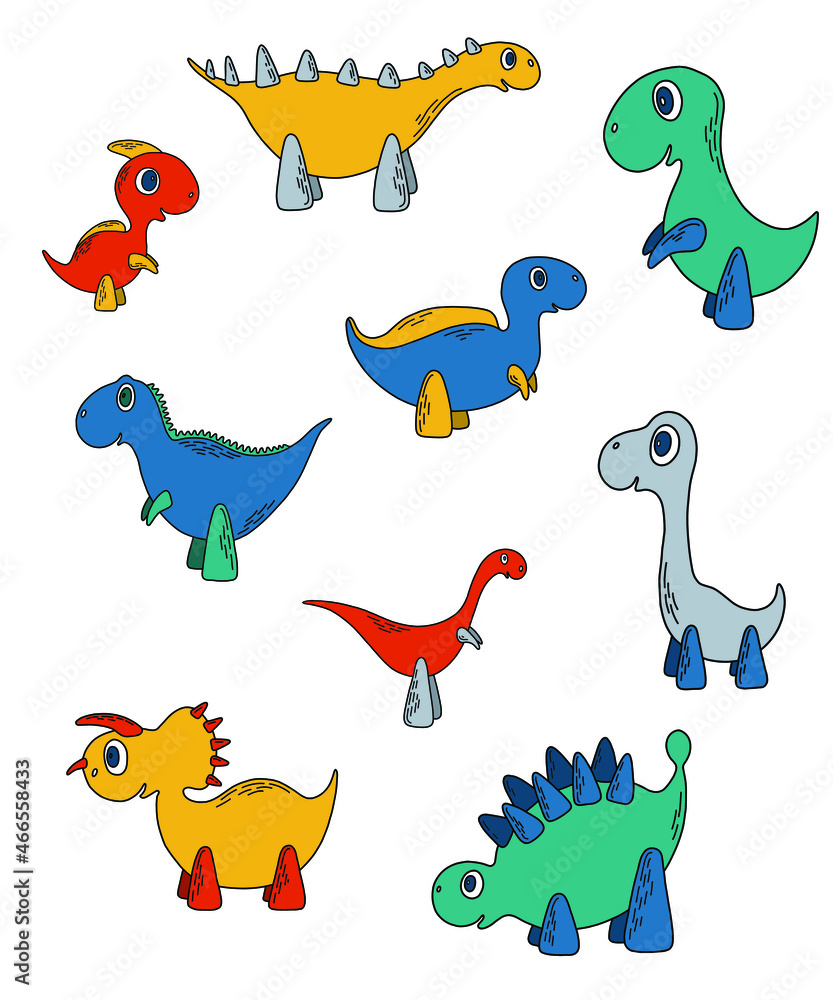 Fototapeta premium Vector collection of isolated illustrations. Cartoon bright dinosaurs. Funny children characters for stickers, print, poster, pattern, kids room decor