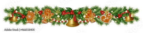 Christmas border decorations garland with fir branches, golden bells and gingerbread cookies, snowflakes holly berries and beads. Design element for Xmas or New Year on white background.