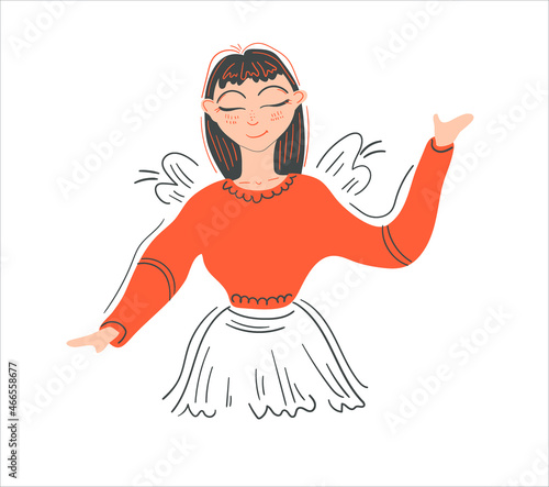 dreamy girl with wings points to something