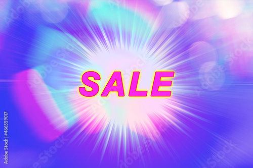 Text SALE on motion blurred background, flight space, pink, purple, glare, flare