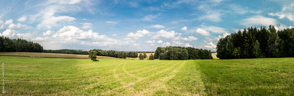 Panoramic view over the German country side with agriculture fields and mowed weath plantations