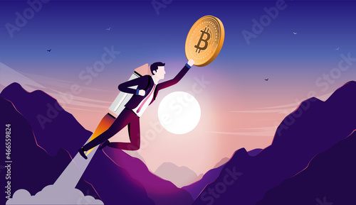 Bitcoin flying high - Man with jetpack flying upwards with bitcoins in the sky. Crypto currency price skyrocketing and value rising concept. Vector illustration