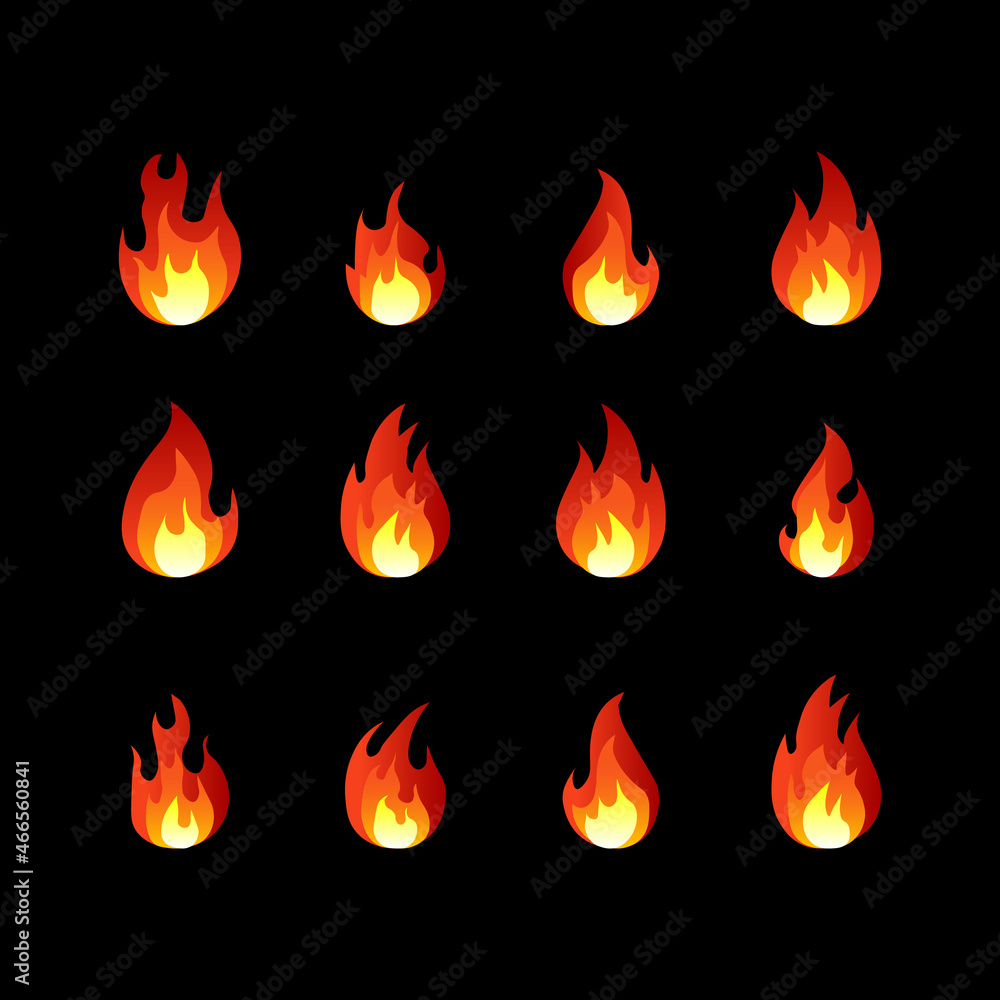 Emoji fire vector symbol. Set of fire logos on a black background. Vector illustration Emoji fire vector symbol. Set of fire logos on a black background. Vector illustration