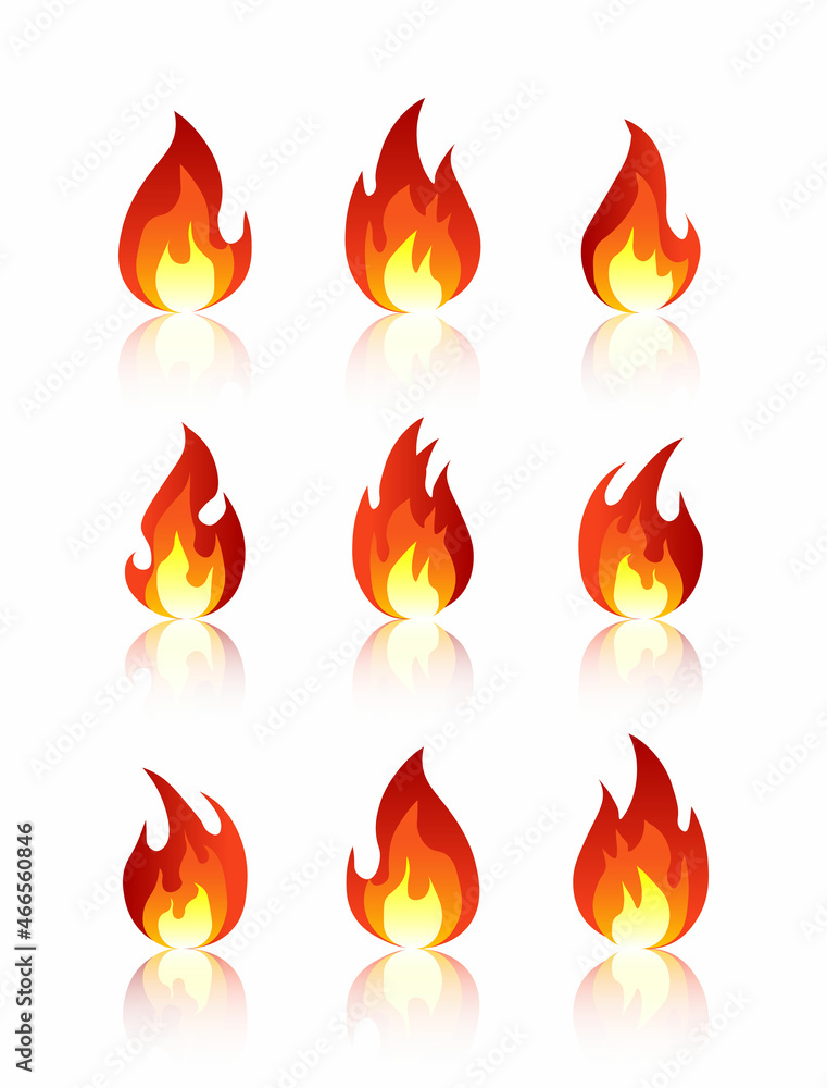 Fire Emoji vector symbol. Set of fire logos on a white background with reflection. Vector illustration Fire Emoji vector symbol. Set of fire logos on a white background with reflection. Vector illustration