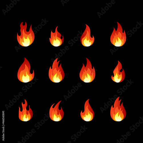 Emoji fire vector symbol. Set of fire logos on a black background. Vector illustration