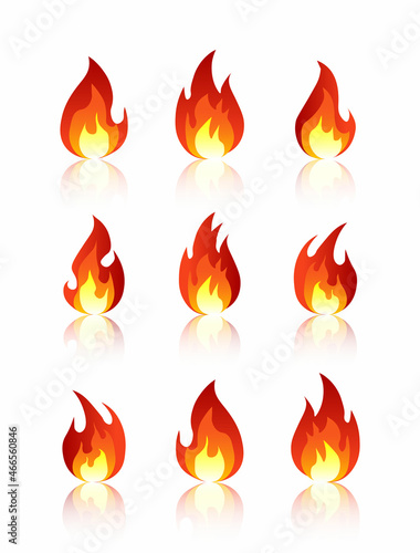 Fire Emoji vector symbol. Set of fire logos on a white background with reflection. Vector illustration