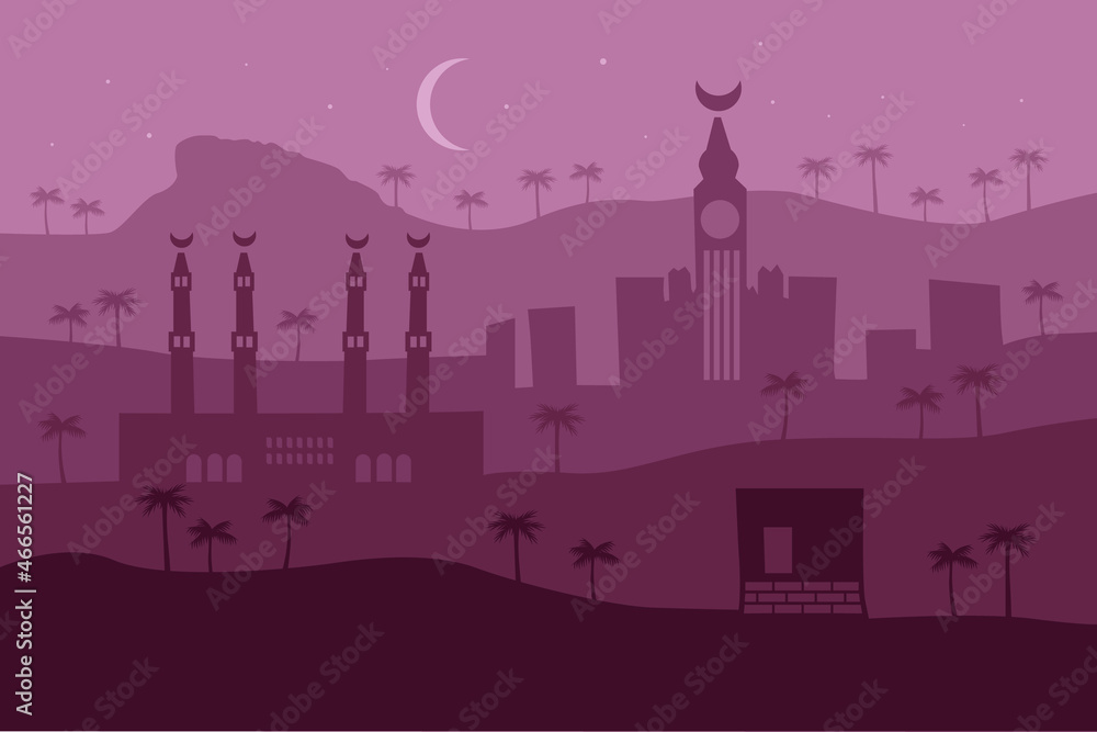 Arabic, muslim city flat illustration. Mecca holiday travel drawing. Modern flat arabic, muslim illustration. Hand sketched poster, banner, postcard, card template for travel company, T-shirt, shirt