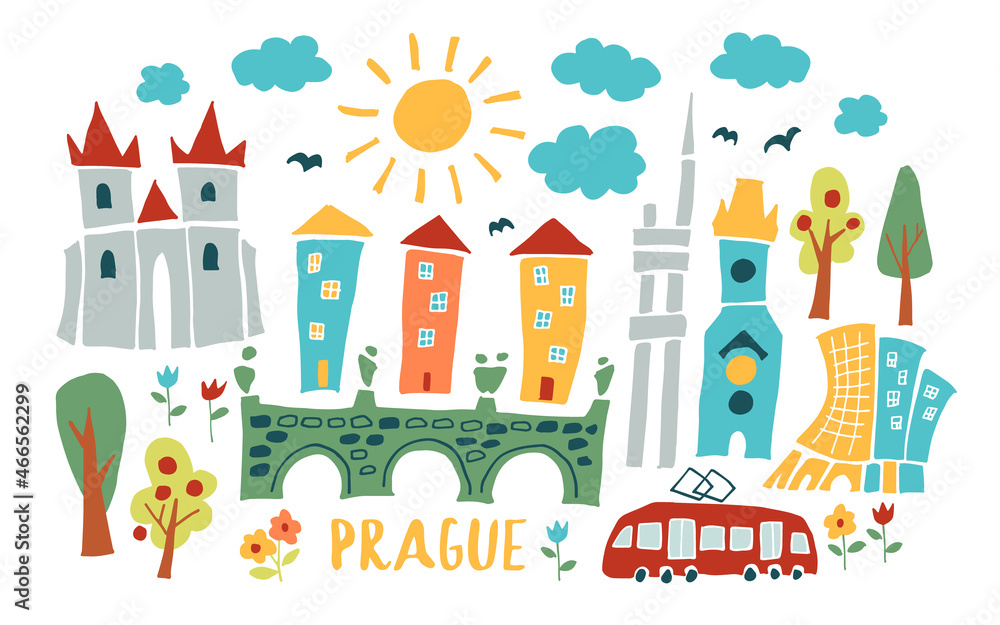 Prague doodle illustration. Prague, Czech doodle drawing. Modern style Prague city illustration. Hand sketched poster, banner, postcard, card template for travel company, T-shirt, shirt. Vector EPS 10