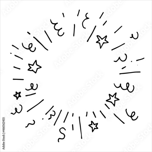 abstract vector drawing in doodle style. explosion in a circle, fireworks, festive fireworks. stars, confit and streamer. round frame