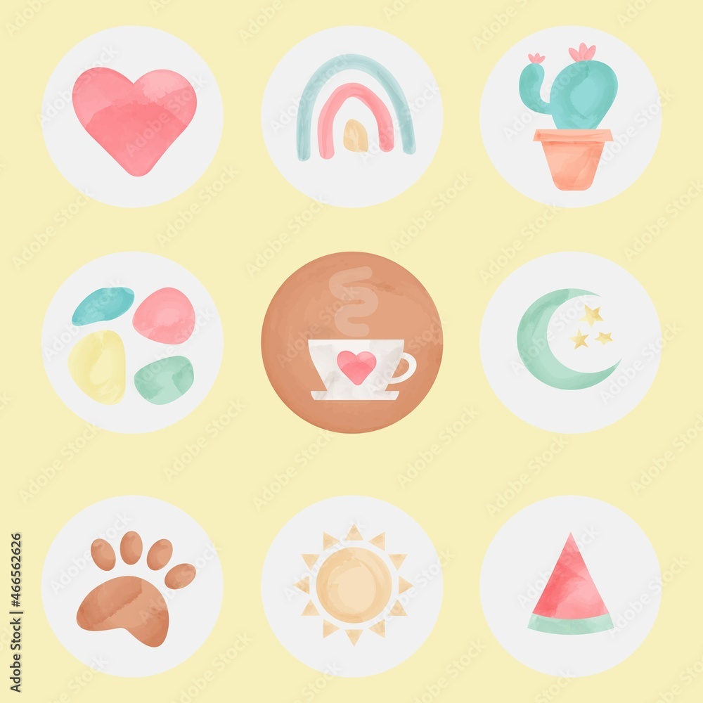Vector watercolor  isolated set of Highlight, basic instagram icons