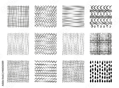 Set of backgrounds and textures with various geometric shapes and lines in Sandinavian style. Collection of templates is drawn by hand in black on white background. Vector patterns for design.