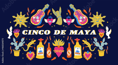Vector illustration background for Mexican holiday 5 may Cinco De Mayo with traditional Mexican symbols cactus, guitar, flowers, red pepper.