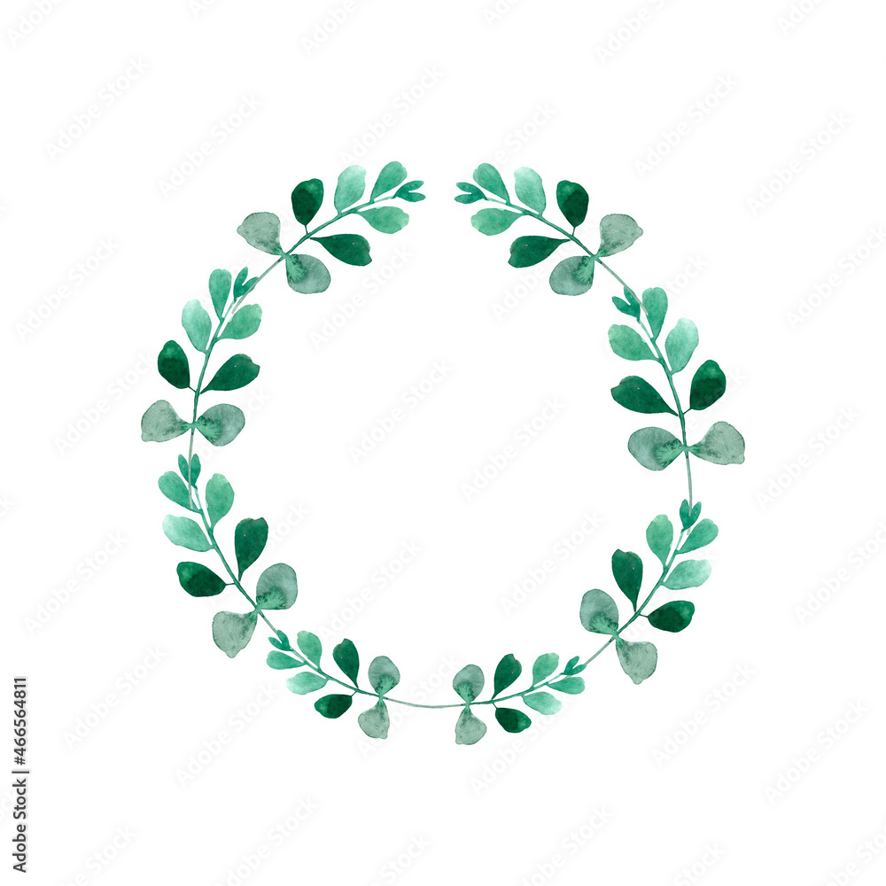 Watercolor illustration, green round eucalyptus frame, wreath is ideal for making postcards, invitations. Watercolor illustration, green round eucalyptus frame, wreath is ideal for making postcards, invitations.