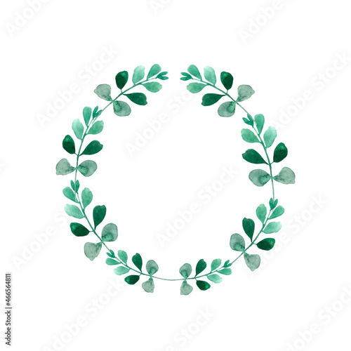 Watercolor illustration, green round eucalyptus frame, wreath is ideal for making postcards, invitations.