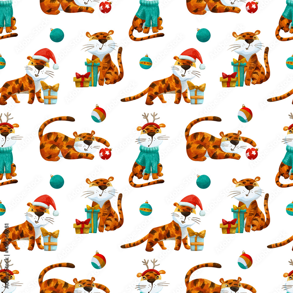 Watercolor pattern with funny new year tigers. Watercolor pattern with funny new year tigers.