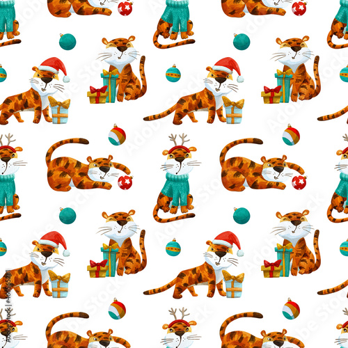 Watercolor pattern with funny new year tigers. © Anna