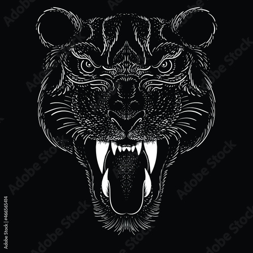 The Vector logo lion or tiger for tattoo or T-shirt design or outwear.  Hunting style big cat print on black background. This hand drawing is for black fabric or canvas.