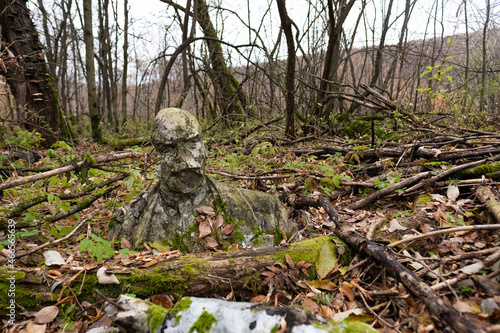 The abandoned statue is a memorial to a famous person, overgrown with grass and trees. The concept of the fall of communism.