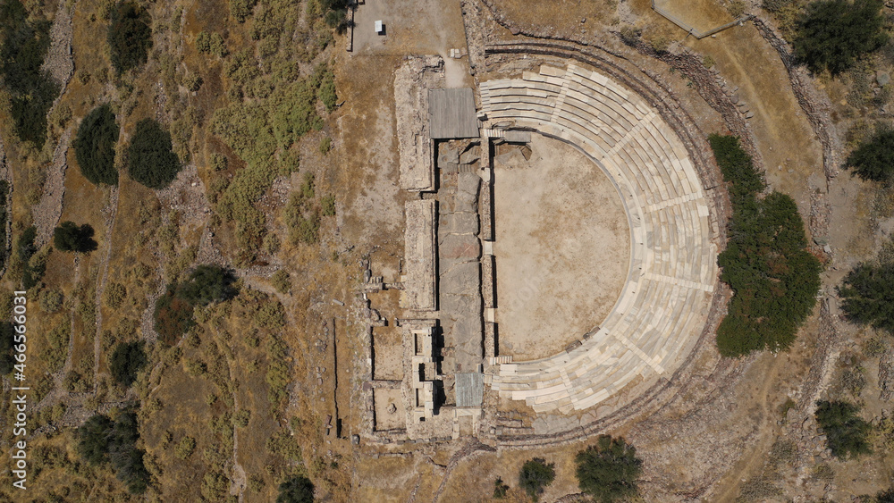 Aerial drone photo of iconic ancient theatre of Milos island where statue Venus of Milo was discovered, Cyclades, Greece