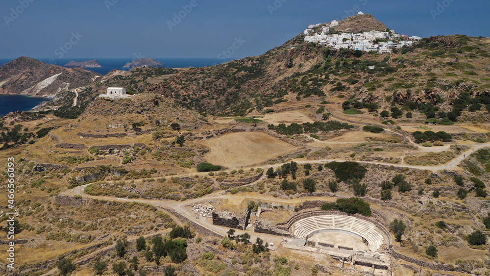 Aerial drone photo of iconic ancient theatre of Milos island where statue Venus of Milo was discovered, Cyclades, Greece Aerial drone photo of iconic ancient theatre of Milos island where statue Venus of Milo was discovered, Cyclades, Greece