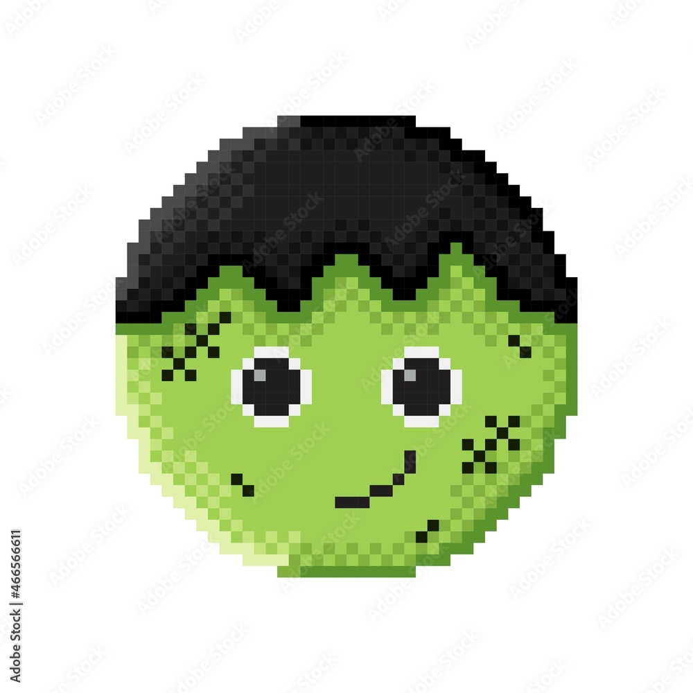 Fototapeta premium Cute Halloween characters Frankenstein icon pixel art. Happy Halloween. Vector pixel art.