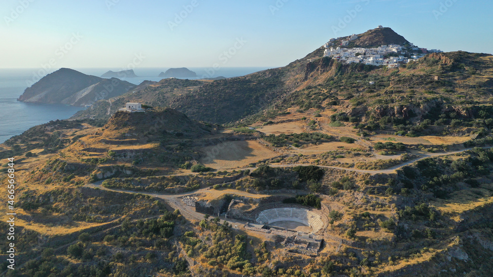 Aerial drone photo of iconic ancient theatre of Milos island where statue Venus of Milo was discovered, Cyclades, Greece