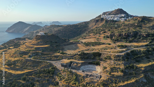 Tableau sur toile Aerial drone photo of iconic ancient theatre of Milos island where statue Venus