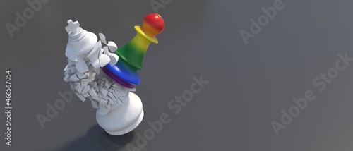 Fotografiet Gay Pride flag colors chess pawn attacks white king on black background