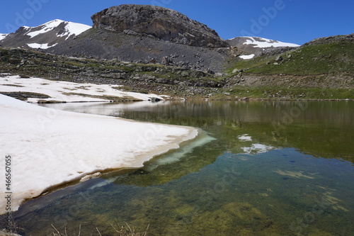 mirror reflection in lake of the mountains col de la bonette alps france