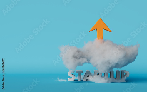 START up grow text letters orange arrow on the clouds, 3d render