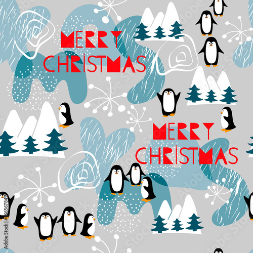 Modern artistic illustration pattern with penguins, mountains, fir trees, abstract shapes and text.Merry Christmass background in blue and white colors.Flat cartoon style.Vector seamless fashionable t