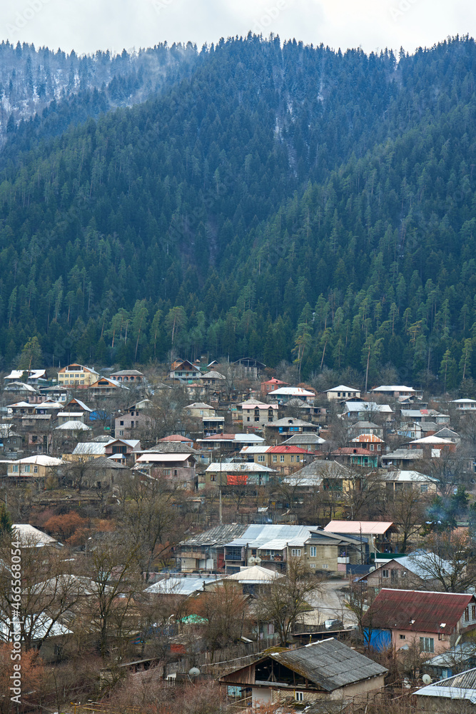 Small village in the mountains. Settlement in an ecologically clean place with clean air