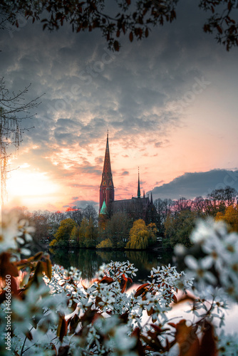 Autumn Sunset View of St. Gertrud Church in Hamburg, Germany
