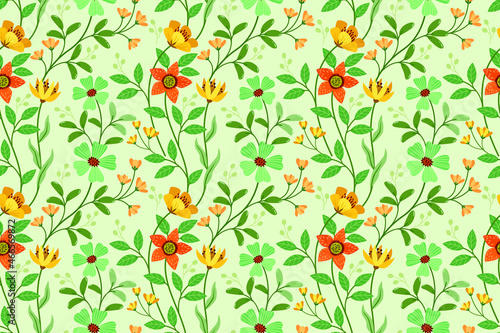 Hand Draw Green Flowers Seamless Pattern. The seamless textile pattern of flowery plants and leaves with floral background elements in baroque and lace style for fabrics, textiles, gift wrapping.