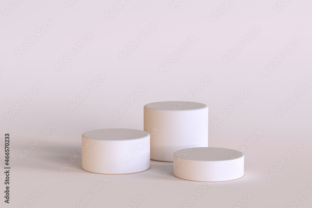 3d render of three white podiums. Minimalistic scene for cosmetics or product presentation template. Different pedestals or platforms with bokeh lights for premium and luxury advertising. Blank space 3d render of three white podiums. Minimalistic scene for cosmetics or product presentation template. Different pedestals or platforms with bokeh lights for premium and luxury advertising. Blank space