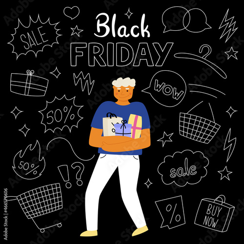 A man with purchases after shopping on a black background. Sale and Black Friday. Doodle vector illustration.