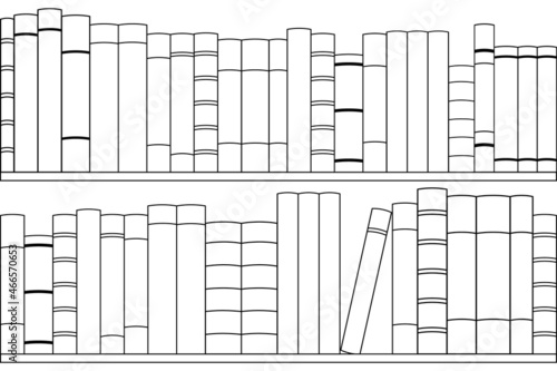 Lots of books on a bookshelf in black and white style. Reading concept. Doodle Vector.