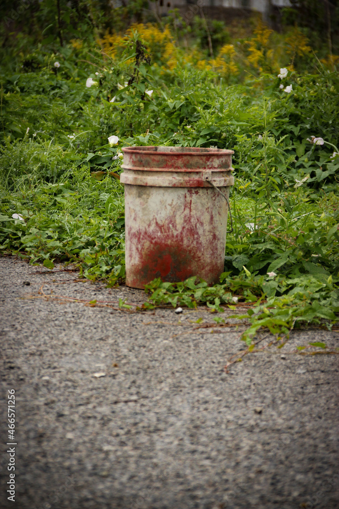 Dirty bucket placed on the edge between pavement and a lawn Dirty bucket placed on the edge between pavement and a lawn