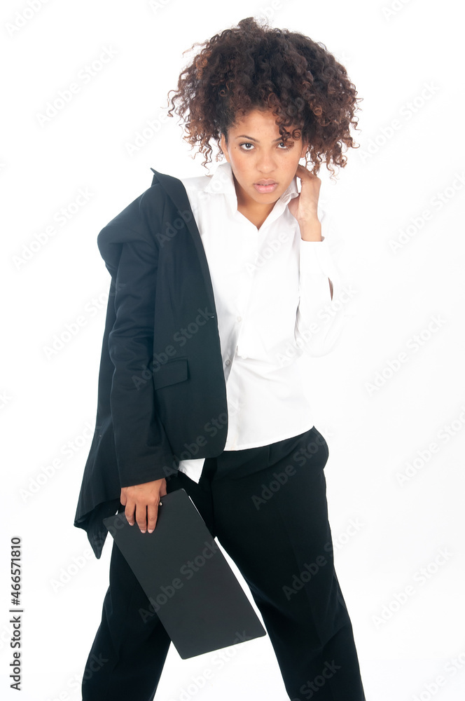 African American female entrepreneur in her jacket suit and white shirt African American female entrepreneur in her jacket suit and white shirt