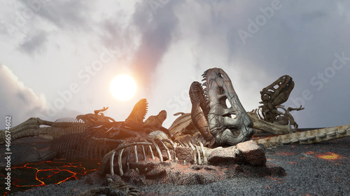 dead dinosaur bodies, dinosaur skeletons after extinction 3d render photo