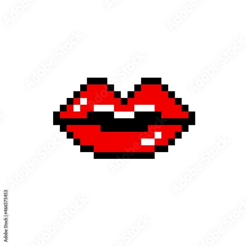 Red pixel lips. Passionate kiss with in game 8bit glamor. Beautiful trendy makeup with creative vector design