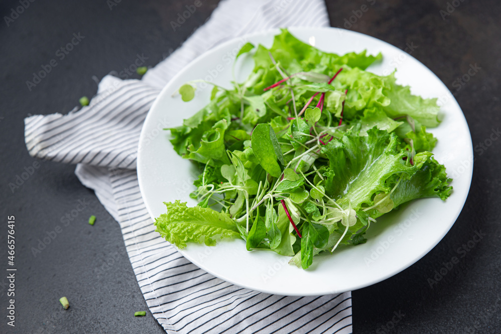 green salad leaves mix fresh herbs petals vitamin fresh meal snack on the table copy space food background rustic green salad leaves mix fresh herbs petals vitamin fresh meal snack on the table copy space food background rustic