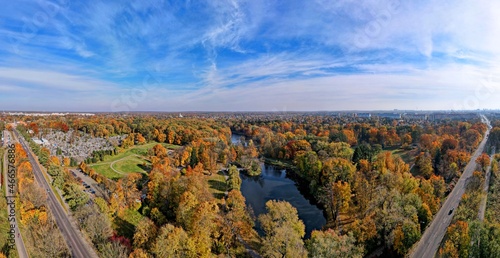 Autumn panorama of the city of Lodz .Autumn city park. City ponds and water reservoirs Top view, photo from the drone 