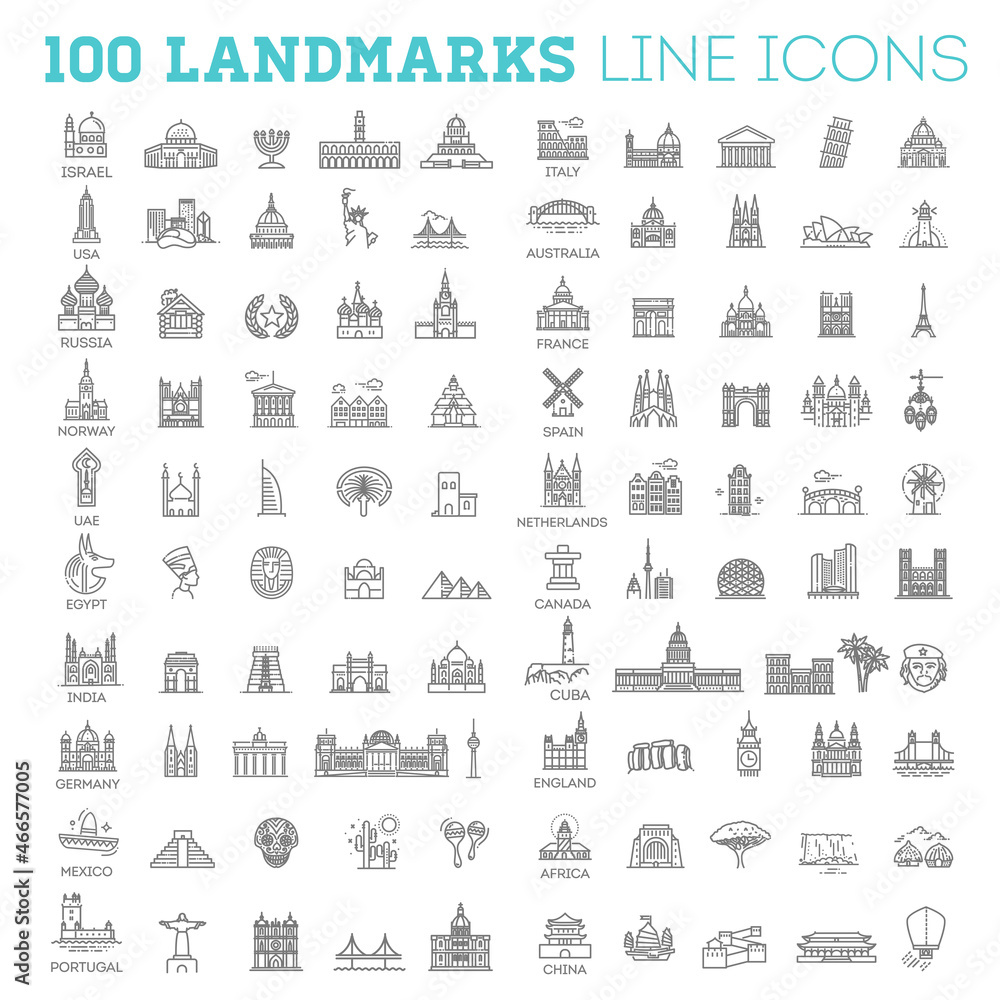 100 Flat line design style vector illustration icons set and logos of top tourist attractions, historical buildings 100 Flat line design style vector illustration icons set and logos of top tourist attractions, historical buildings