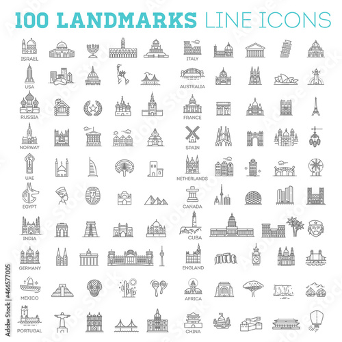 100 Flat line design style vector illustration icons set and logos of top tourist attractions, historical buildings
